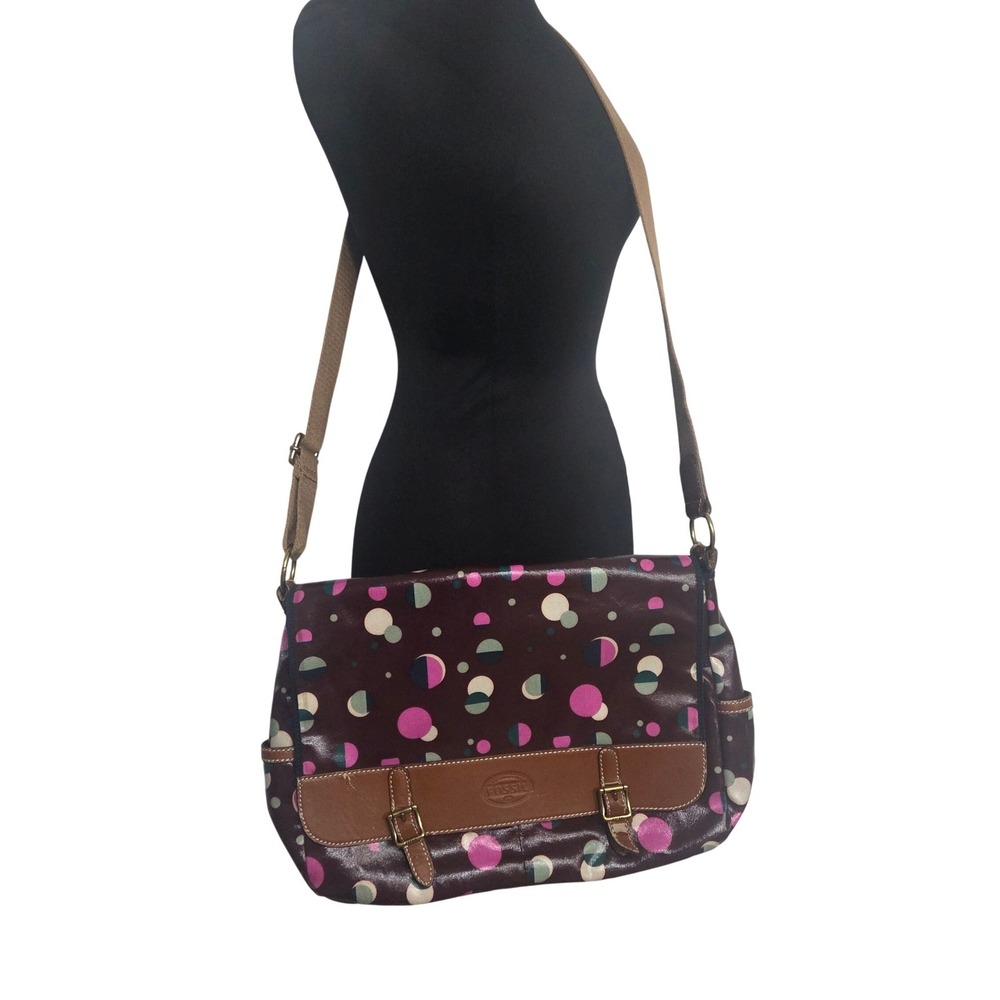 Fossil Key-Per Coated Canvas Messenger Bag Polka Dot Crossbody Satchel Plum